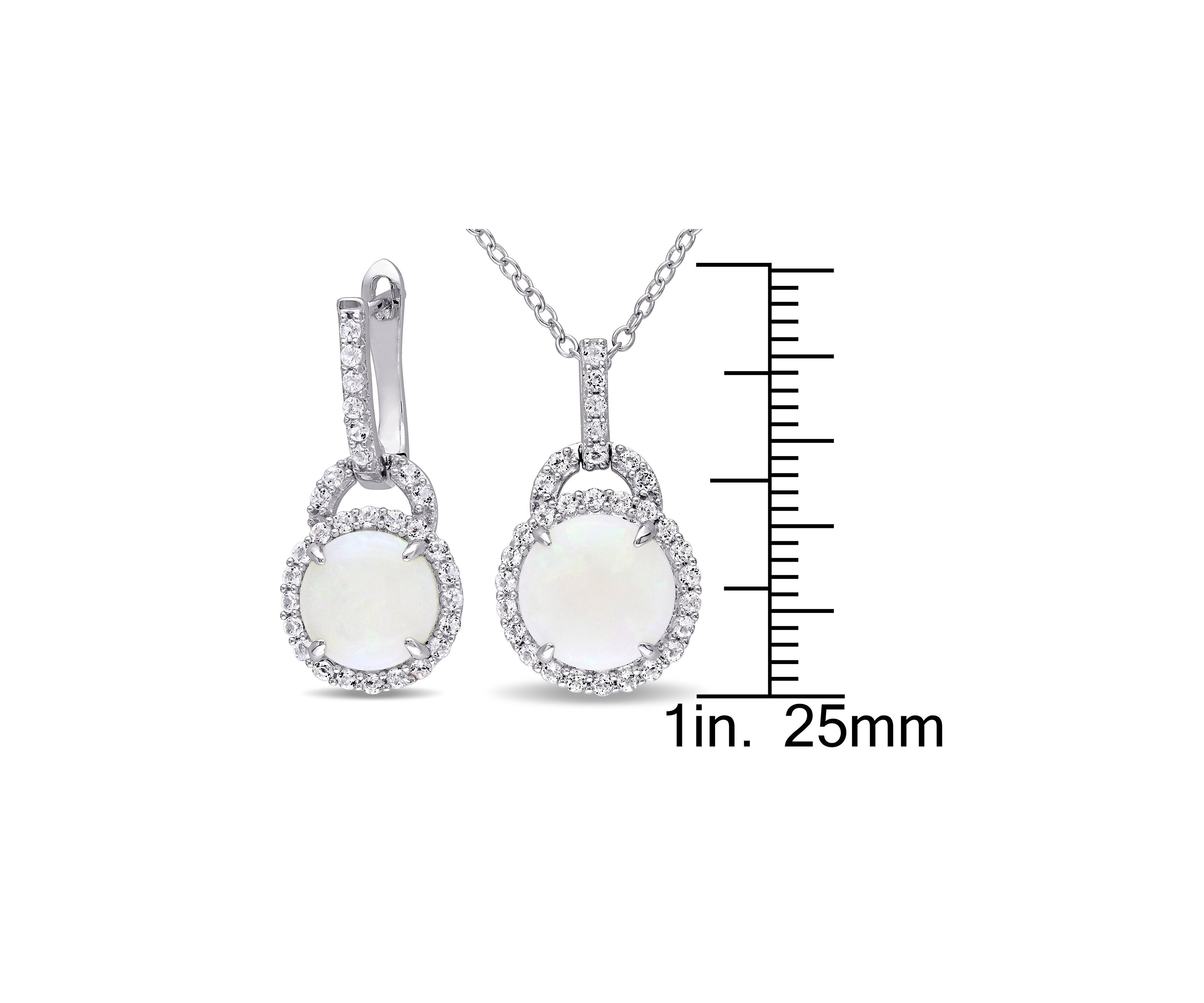 2-Piece Set 5 1/4 CT TGW Opal and White Topaz Halo Pendant with Chain and Hoop Halo Charm Earrings in Sterling Silver