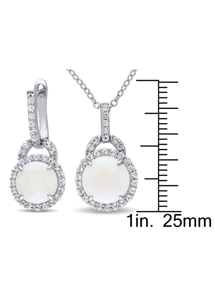 2-Piece Set 5 1/4 CT TGW Opal and White Topaz Halo Pendant with Chain and Hoop Halo Charm Earrings in Sterling Silver