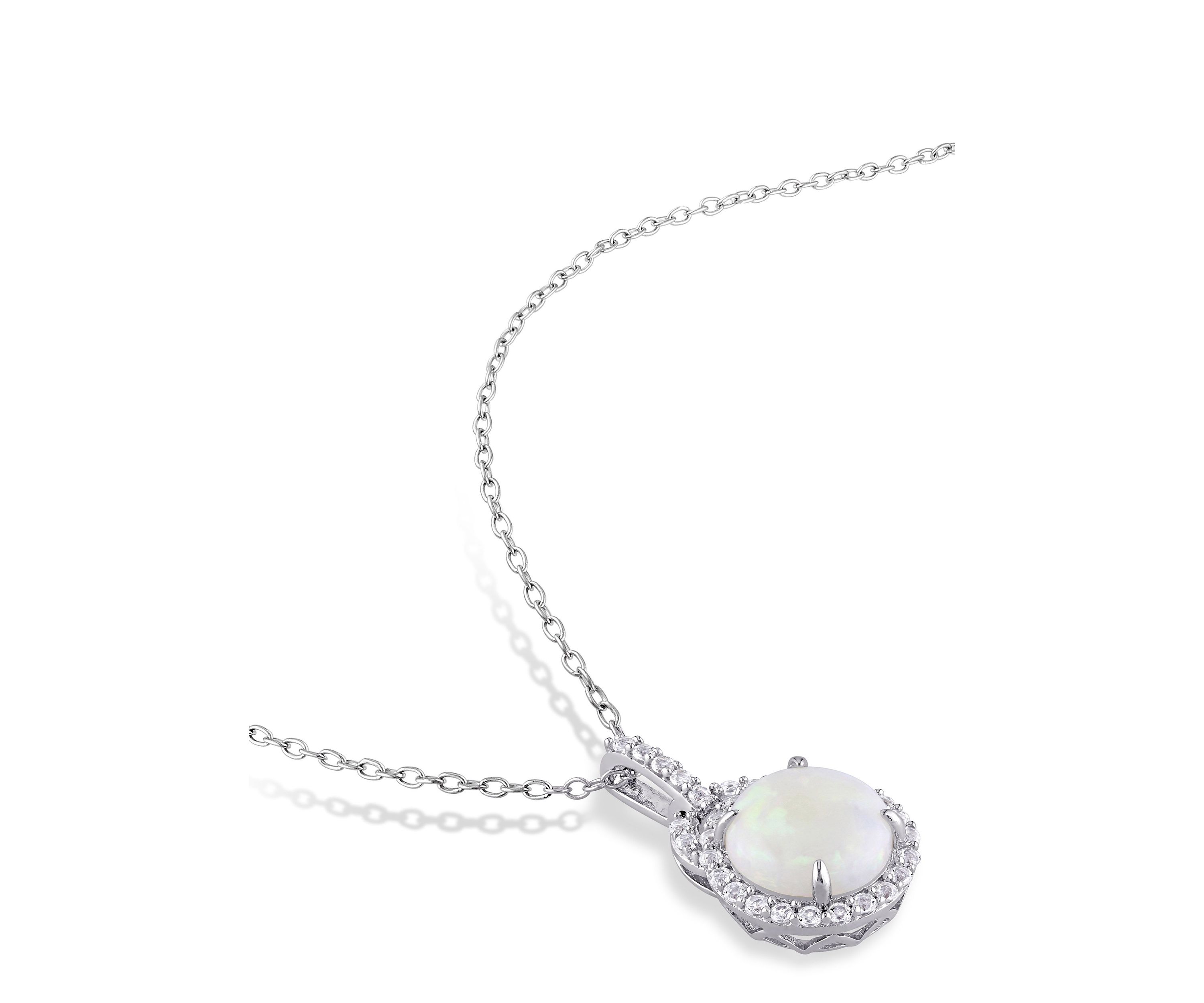 2-Piece Set 5 1/4 CT TGW Opal and White Topaz Halo Pendant with Chain and Hoop Halo Charm Earrings in Sterling Silver