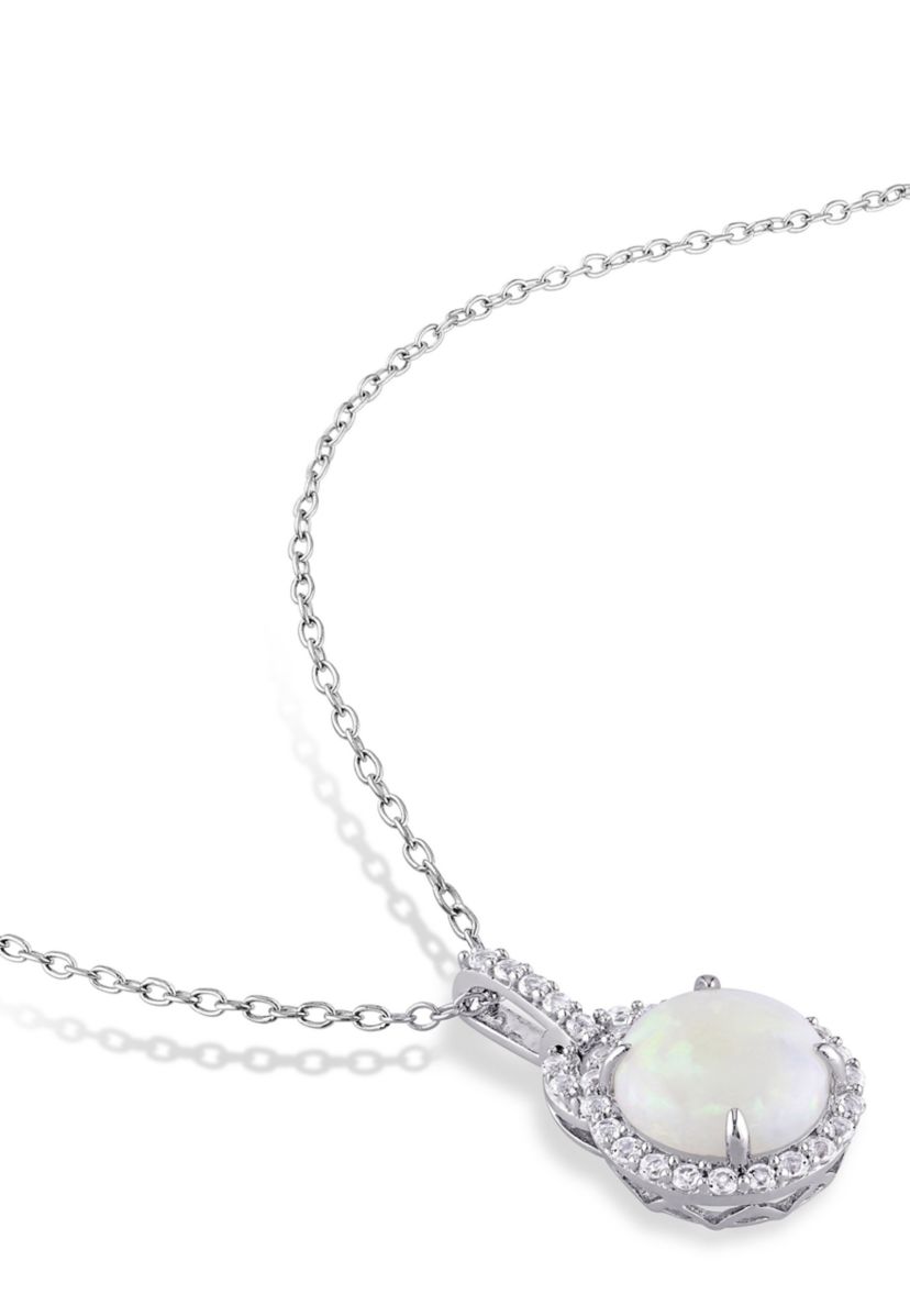 2-Piece Set 5 1/4 CT TGW Opal and White Topaz Halo Pendant with Chain and Hoop Halo Charm Earrings in Sterling Silver
