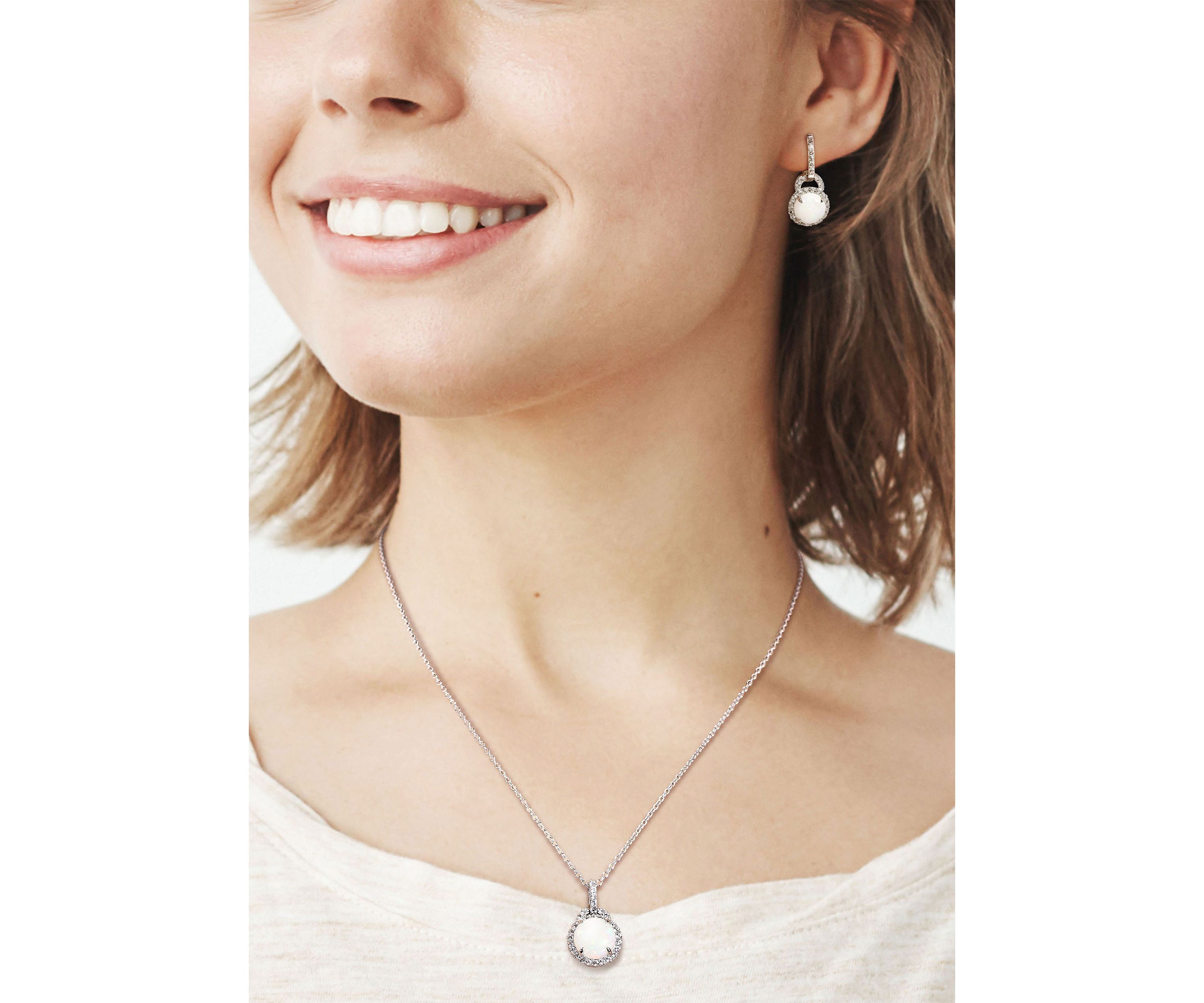 2-Piece Set 5 1/4 CT TGW Opal and White Topaz Halo Pendant with Chain and Hoop Halo Charm Earrings in Sterling Silver