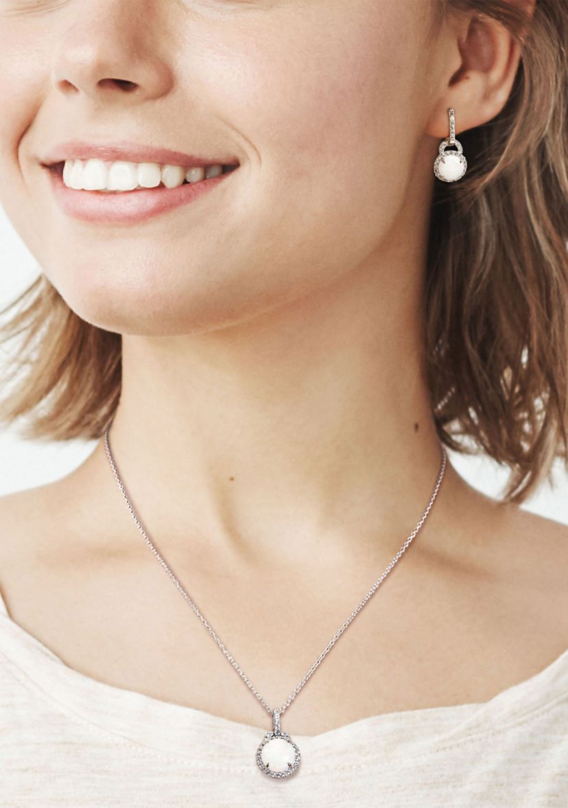 2-Piece Set 5 1/4 CT TGW Opal and White Topaz Halo Pendant with Chain and Hoop Halo Charm Earrings in Sterling Silver