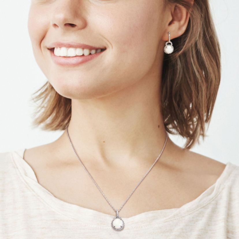 2-Piece Set 5 1/4 CT TGW Opal and White Topaz Halo Pendant with Chain and Hoop Halo Charm Earrings in Sterling Silver
