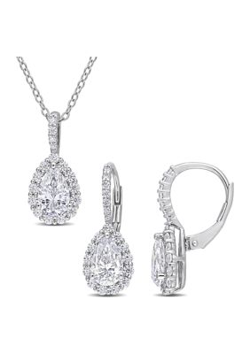Belk & Co Lab Created 2-pc Set of 3 7/8 CT TGW Pear Shaped Moissanite Halo Pendant with Chain and Leverback Earrings Set in Sterling Silver