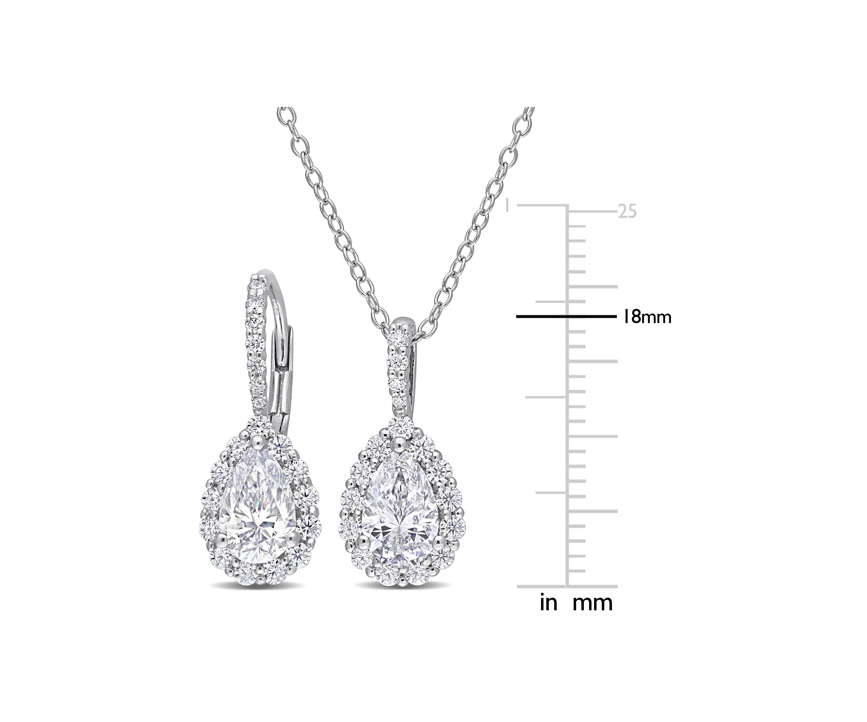 Lab Created 2-pc Set of 3 7/8 CT TGW Pear Shaped Moissanite Halo Pendant with Chain and Leverback Earrings Set in Sterling Silver
