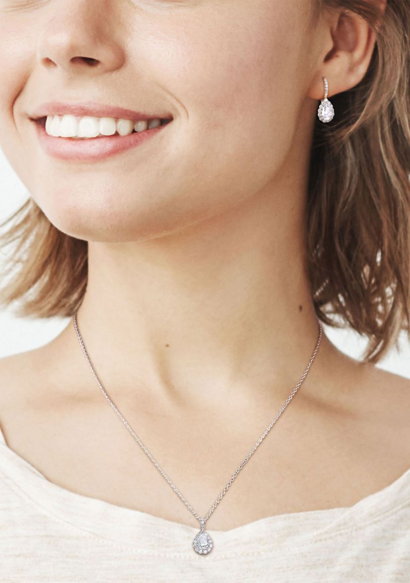Lab Created 2-pc Set of 3 7/8 CT TGW Pear Shaped Moissanite Halo Pendant with Chain and Leverback Earrings Set in Sterling Silver