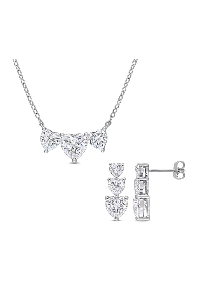 Lab Created 5 1/2 CT DEW Moissanite Triple Heart Earrings and Necklace Set in Sterling Silver