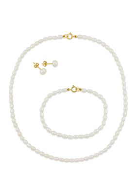 Belk & Co Set Of 3-4MM Freshwater Cultured Pearl Necklace, Bracelet & Earrings With 10K Yellow Gold