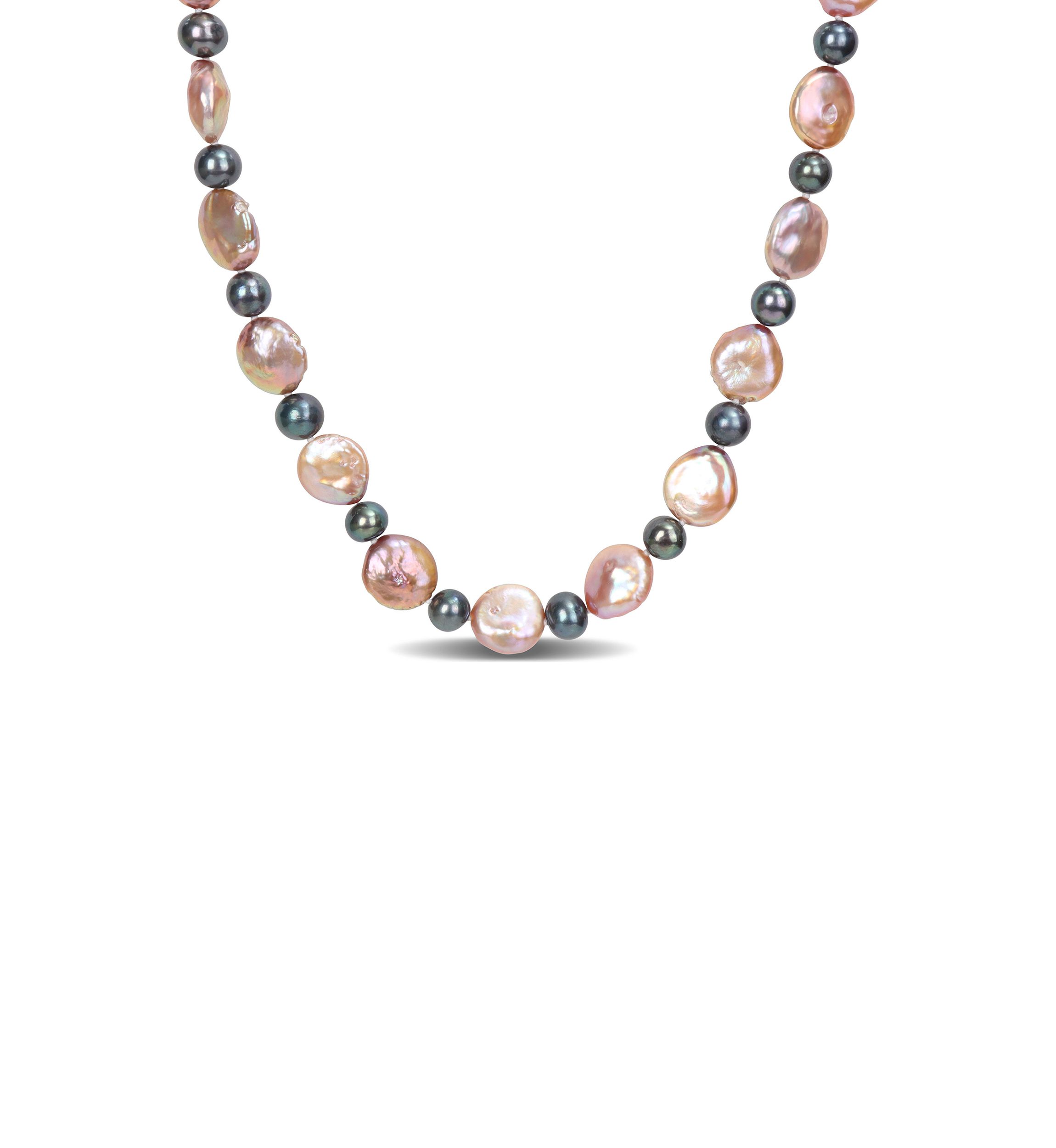 13-13.5MM Pink Freshwater Cultured Coin and 7-7.5MM Black Freshwater Cultured Pearl Necklace in Sterling Silver, 18 in