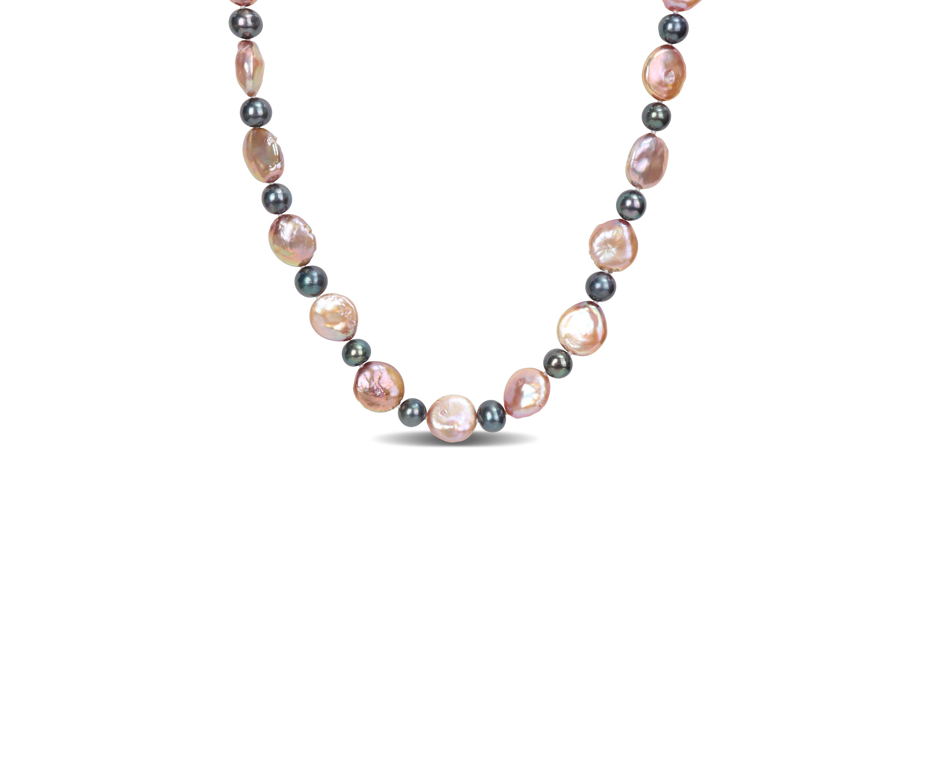 13-13.5MM Pink Freshwater Cultured Coin and 7-7.5MM Black Freshwater Cultured Pearl Necklace in Sterling Silver, 18 in