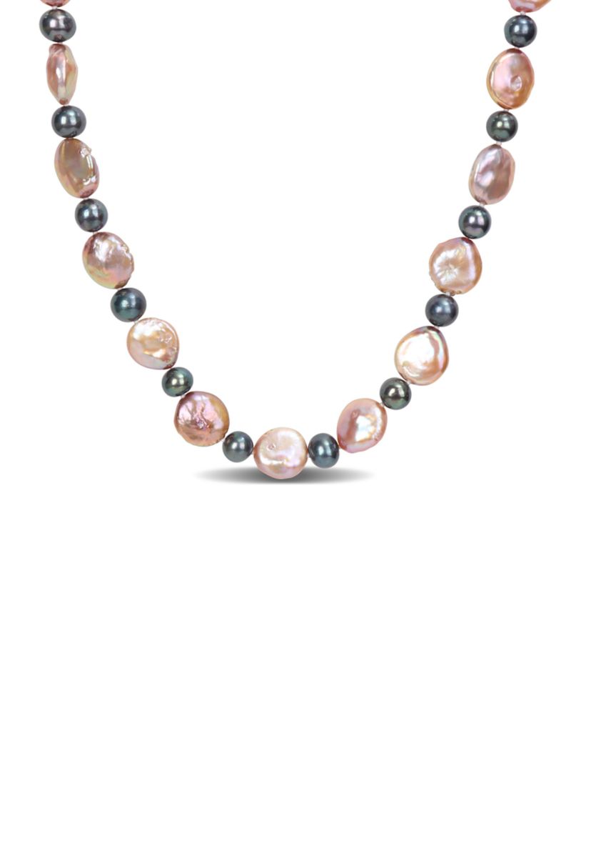 13-13.5MM Pink Freshwater Cultured Coin and 7-7.5MM Black Freshwater Cultured Pearl Necklace in Sterling Silver, 18 in