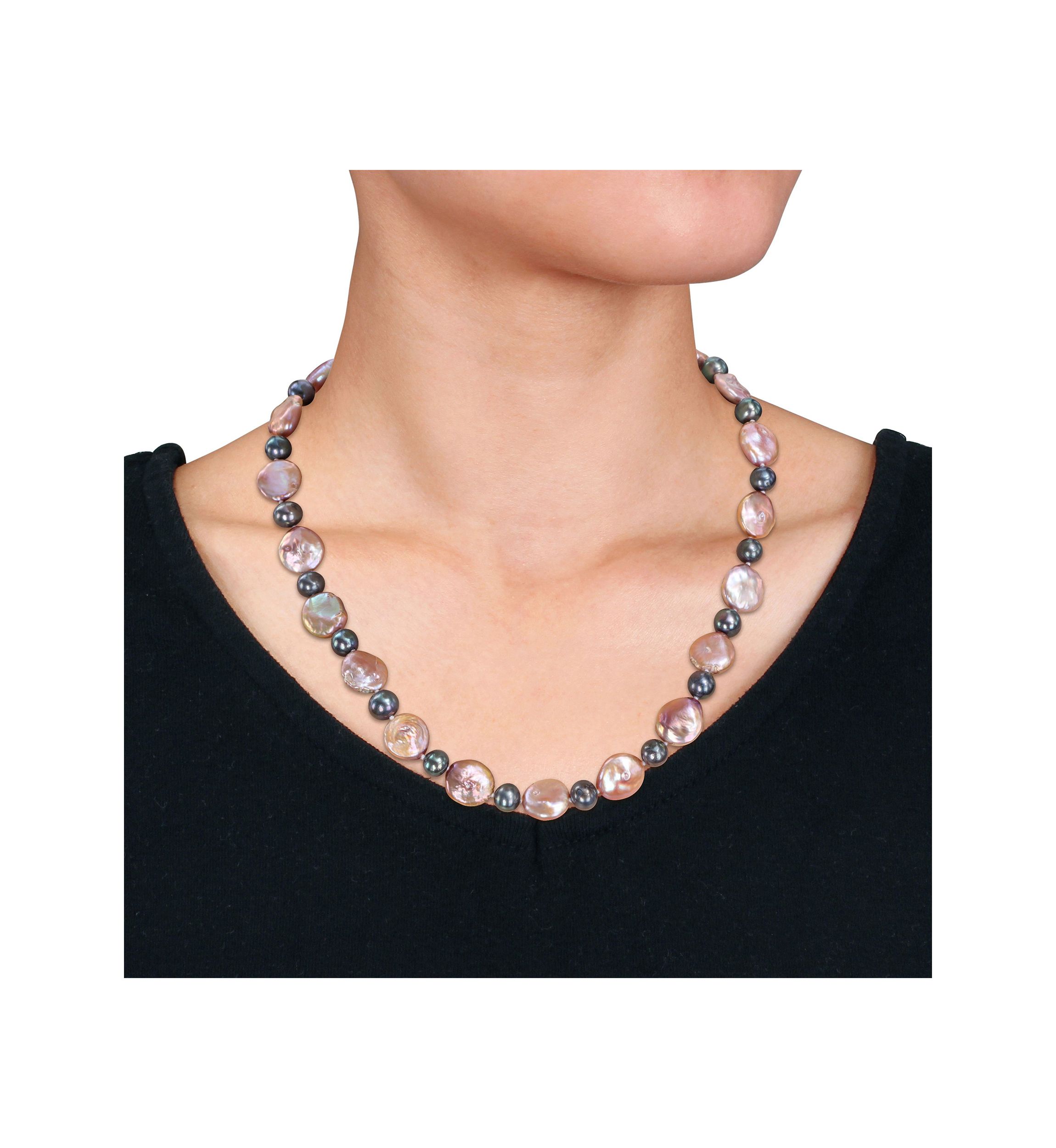13-13.5MM Pink Freshwater Cultured Coin and 7-7.5MM Black Freshwater Cultured Pearl Necklace in Sterling Silver, 18 in