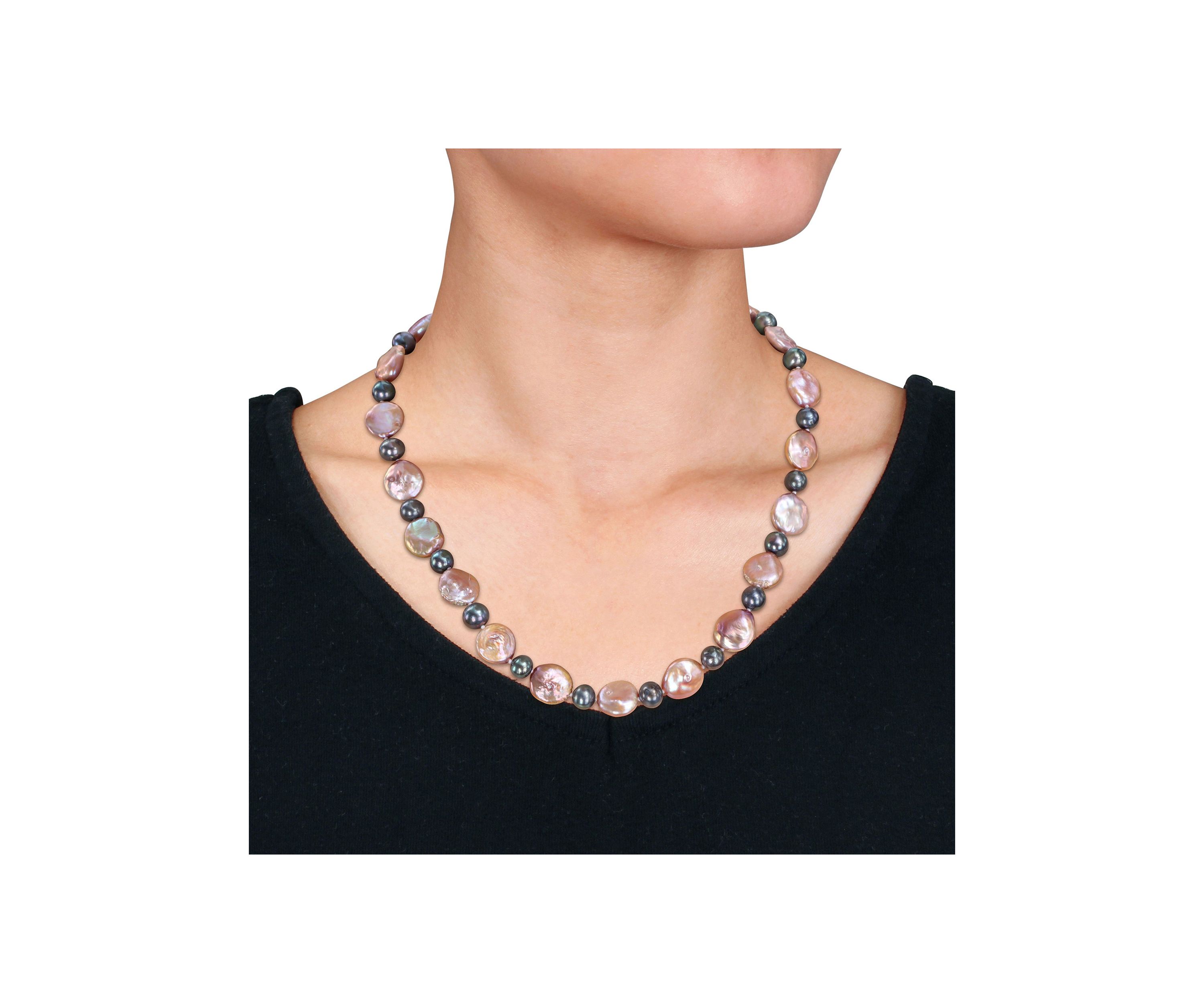 13-13.5MM Pink Freshwater Cultured Coin and 7-7.5MM Black Freshwater Cultured Pearl Necklace in Sterling Silver, 18 in