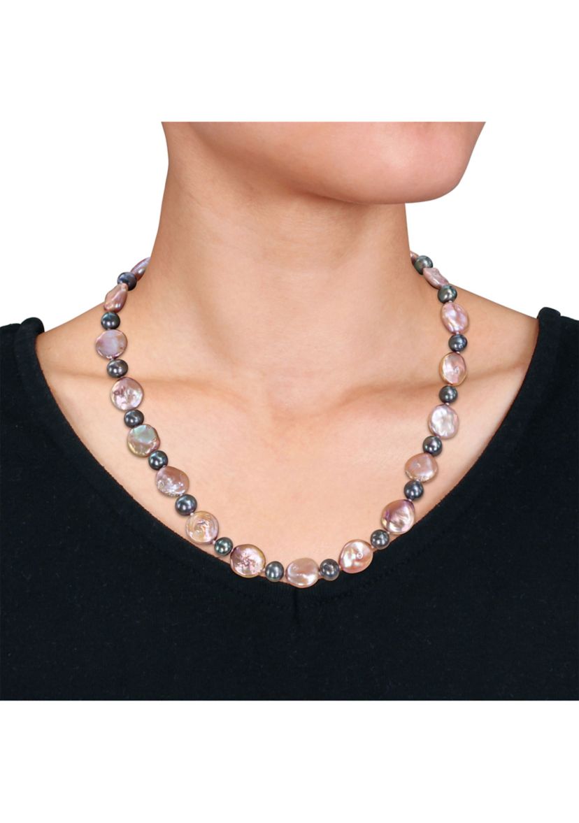 13-13.5MM Pink Freshwater Cultured Coin and 7-7.5MM Black Freshwater Cultured Pearl Necklace in Sterling Silver, 18 in