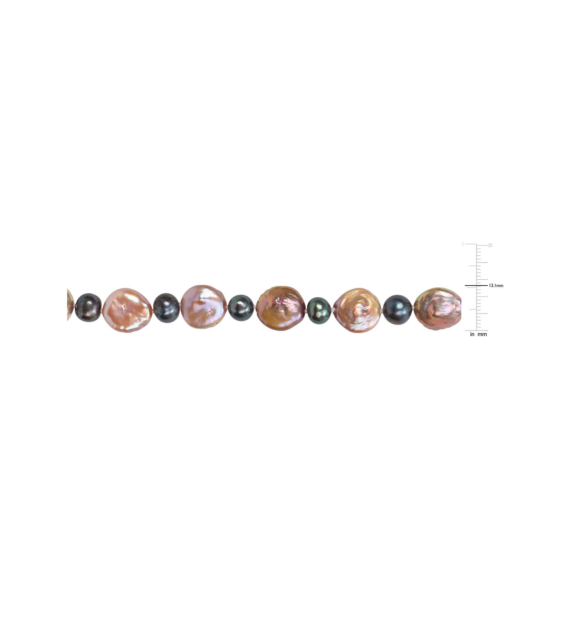 13-13.5MM Pink Freshwater Cultured Coin and 7-7.5MM Black Freshwater Cultured Pearl Necklace in Sterling Silver, 18 in