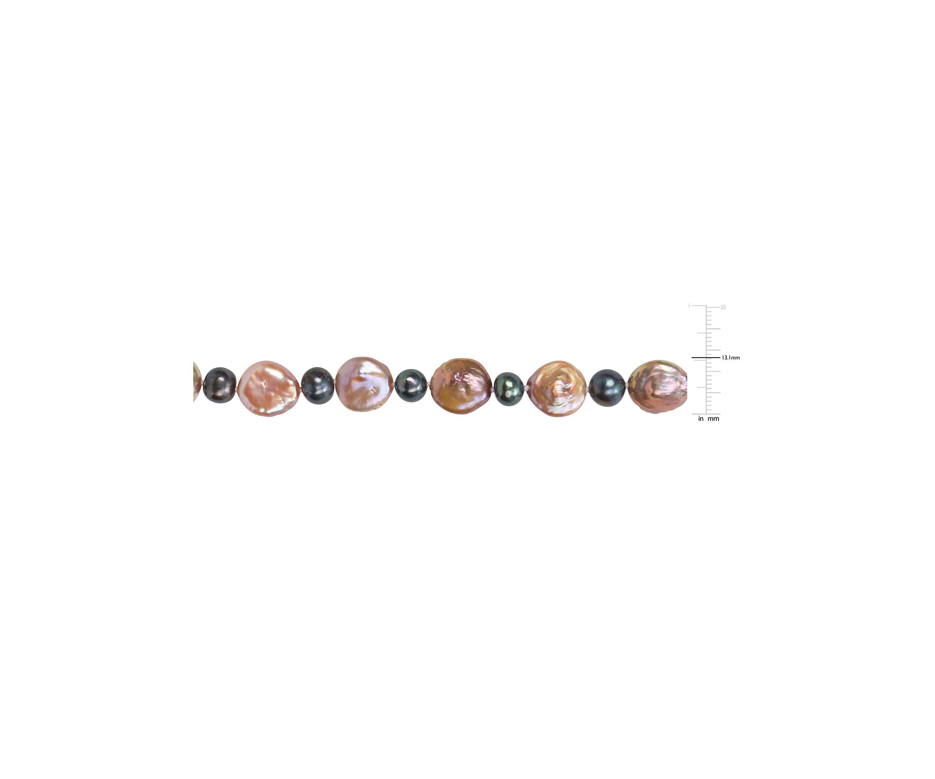 13-13.5MM Pink Freshwater Cultured Coin and 7-7.5MM Black Freshwater Cultured Pearl Necklace in Sterling Silver, 18 in