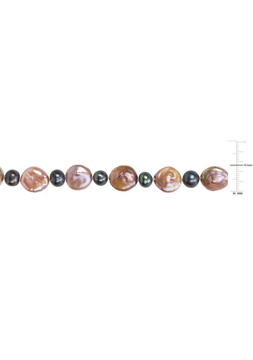 13-13.5MM Pink Freshwater Cultured Coin and 7-7.5MM Black Freshwater Cultured Pearl Necklace in Sterling Silver, 18 in