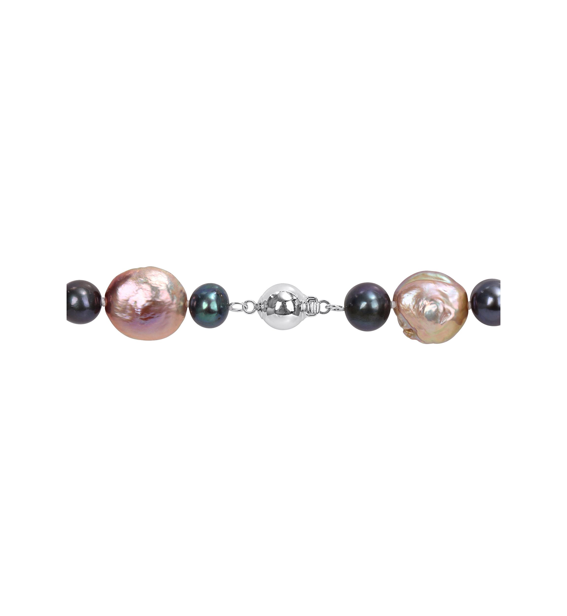 13-13.5MM Pink Freshwater Cultured Coin and 7-7.5MM Black Freshwater Cultured Pearl Necklace in Sterling Silver, 18 in