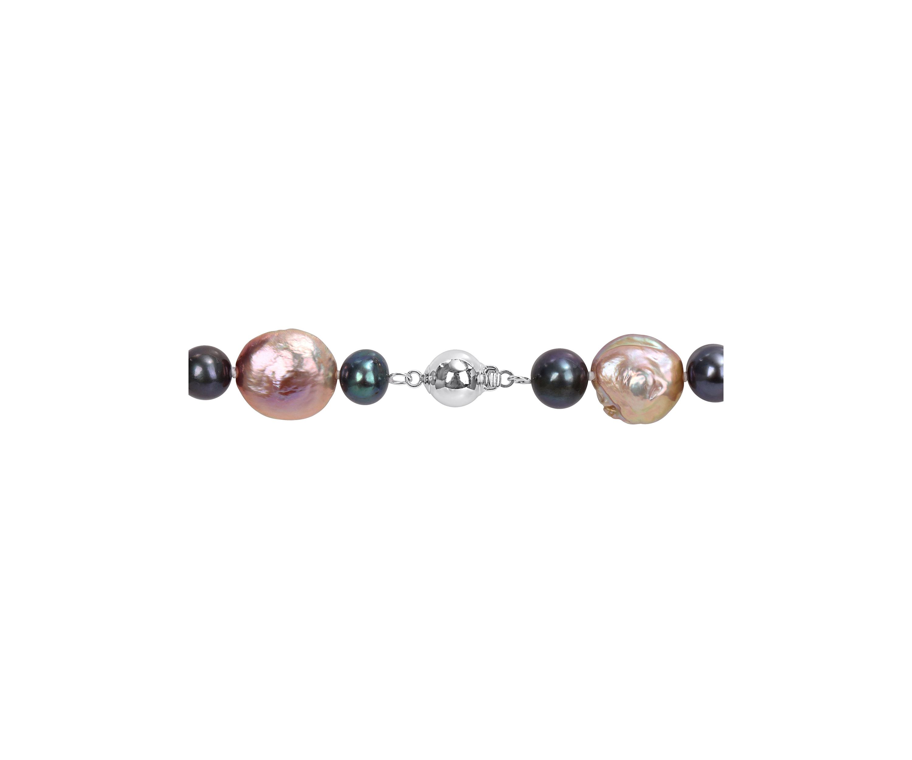 13-13.5MM Pink Freshwater Cultured Coin and 7-7.5MM Black Freshwater Cultured Pearl Necklace in Sterling Silver, 18 in
