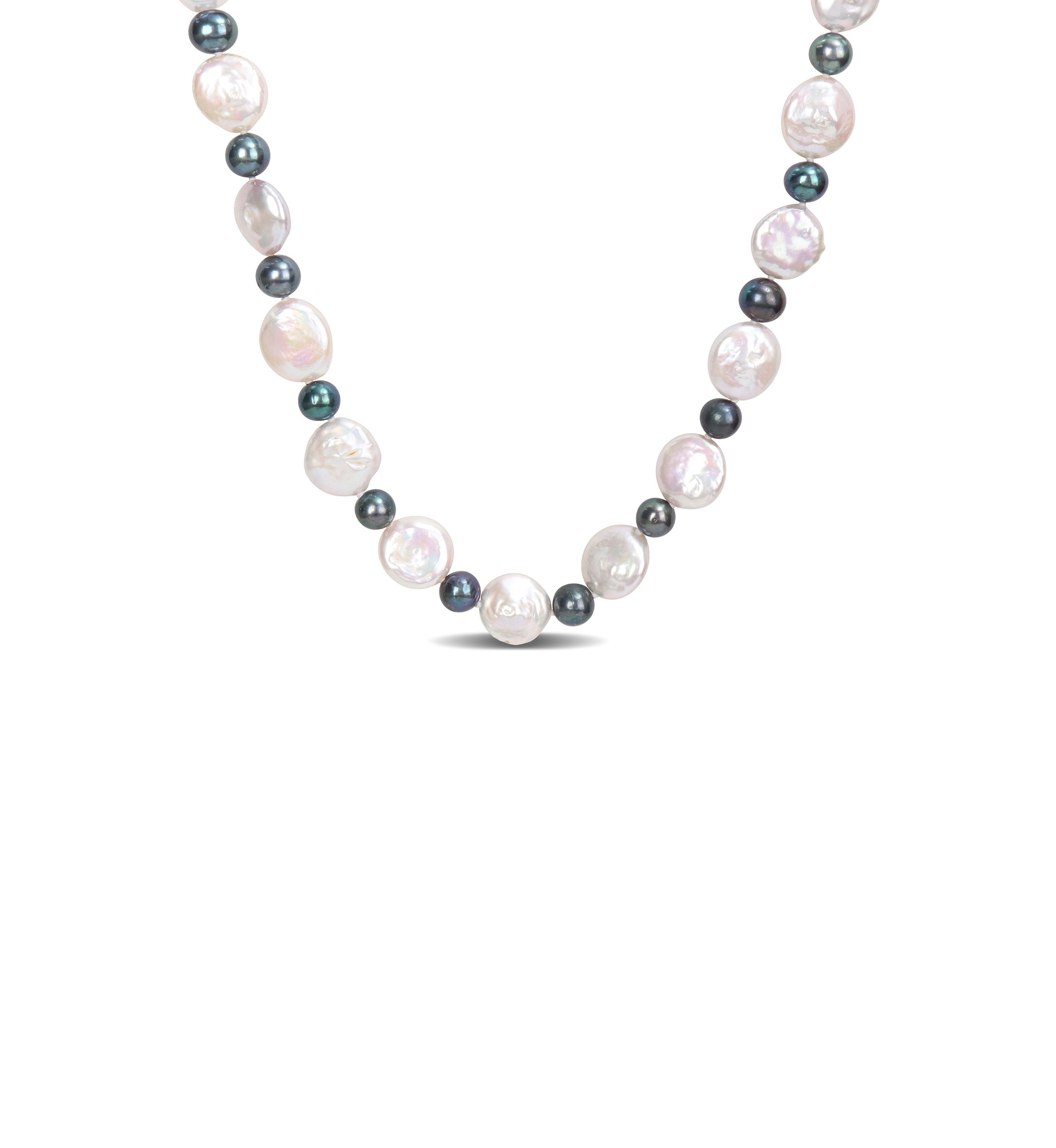 13-13.5MM White and 7-7.5MM Black Freshwater Cultured Pearl Necklace with Sterling Silver Ball Clasp
