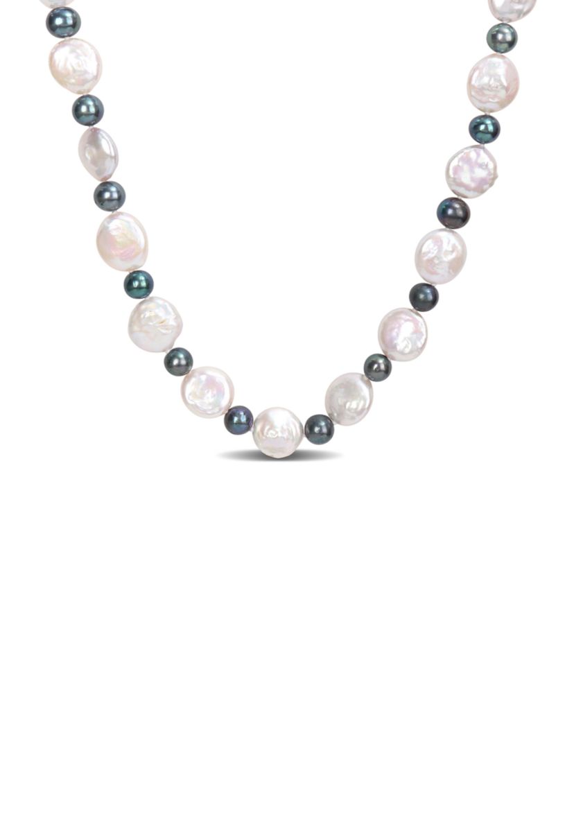 13-13.5MM White and 7-7.5MM Black Freshwater Cultured Pearl Necklace with Sterling Silver Ball Clasp