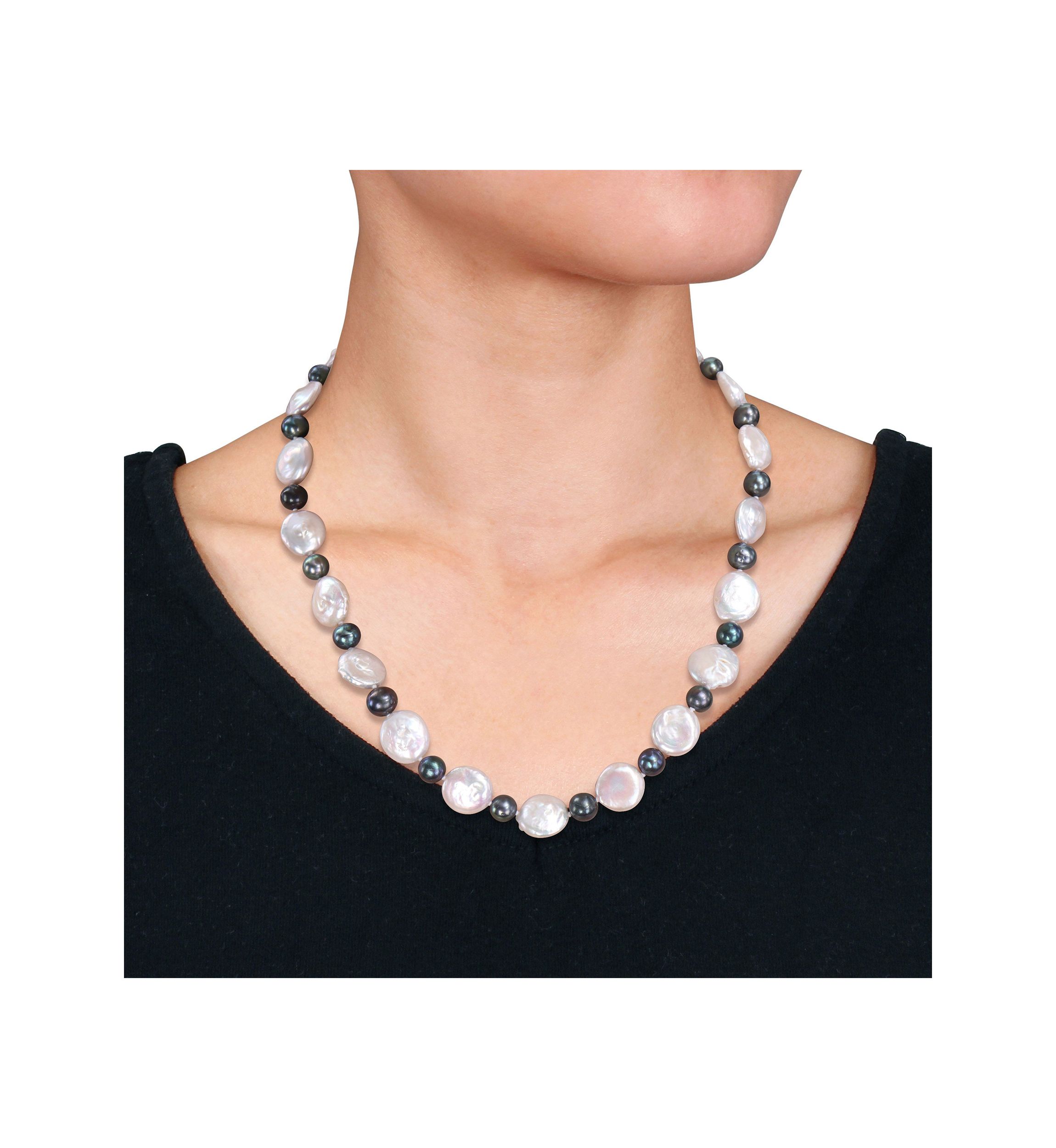 13-13.5MM White and 7-7.5MM Black Freshwater Cultured Pearl Necklace with Sterling Silver Ball Clasp