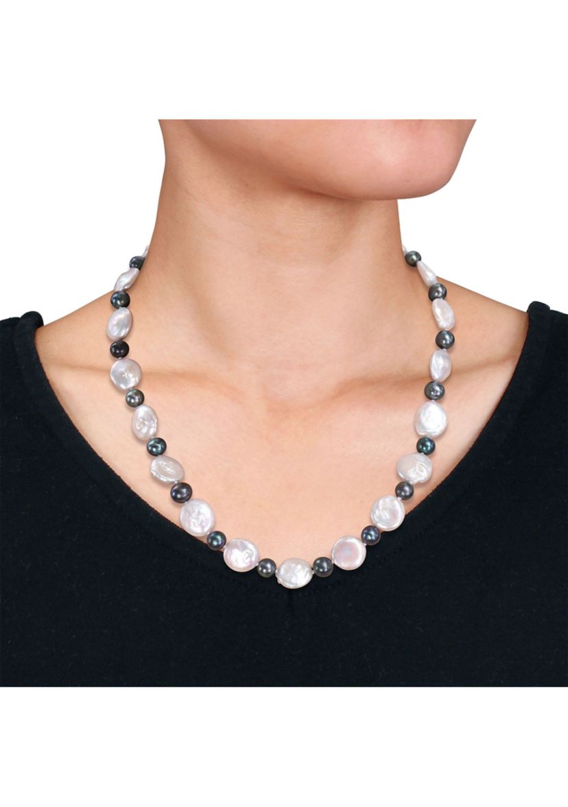 13-13.5MM White and 7-7.5MM Black Freshwater Cultured Pearl Necklace with Sterling Silver Ball Clasp