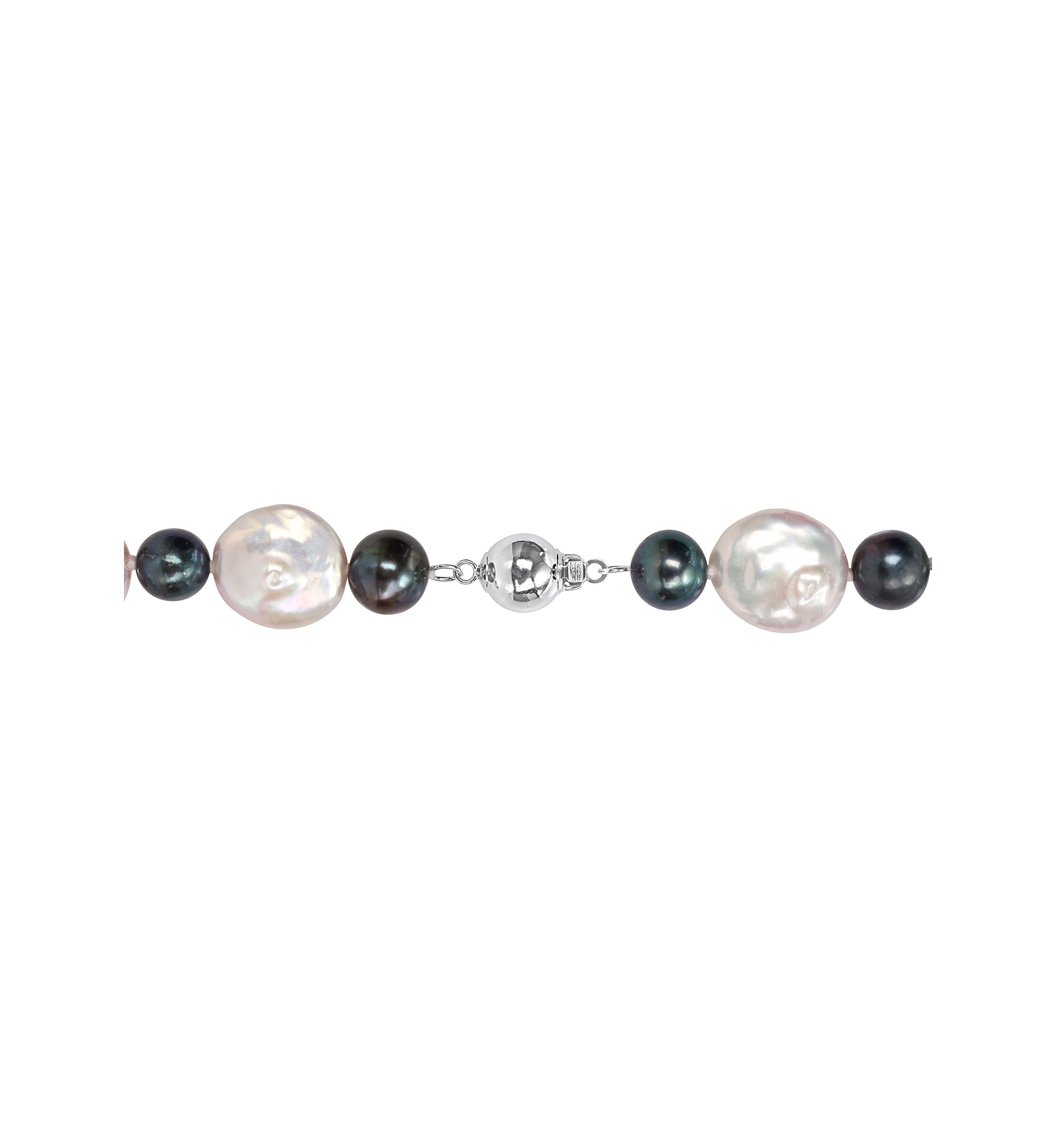 13-13.5MM White and 7-7.5MM Black Freshwater Cultured Pearl Necklace with Sterling Silver Ball Clasp