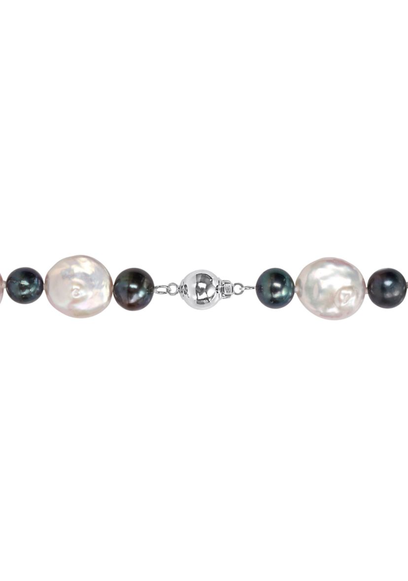 13-13.5MM White and 7-7.5MM Black Freshwater Cultured Pearl Necklace with Sterling Silver Ball Clasp