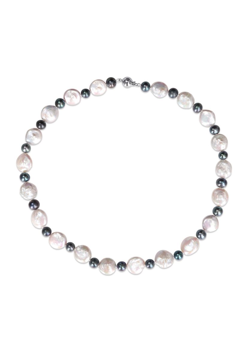 13-13.5MM White and 7-7.5MM Black Freshwater Cultured Pearl Necklace with Sterling Silver Ball Clasp