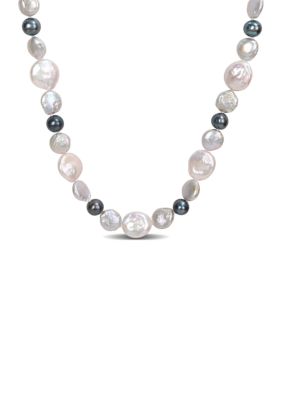 Belk & Co 10-14MM White & Grey Freshwater Cultured Coin and 7-7.5MM Black Freshwater Cultured Pearl Necklace in Sterling Silver, 18 in