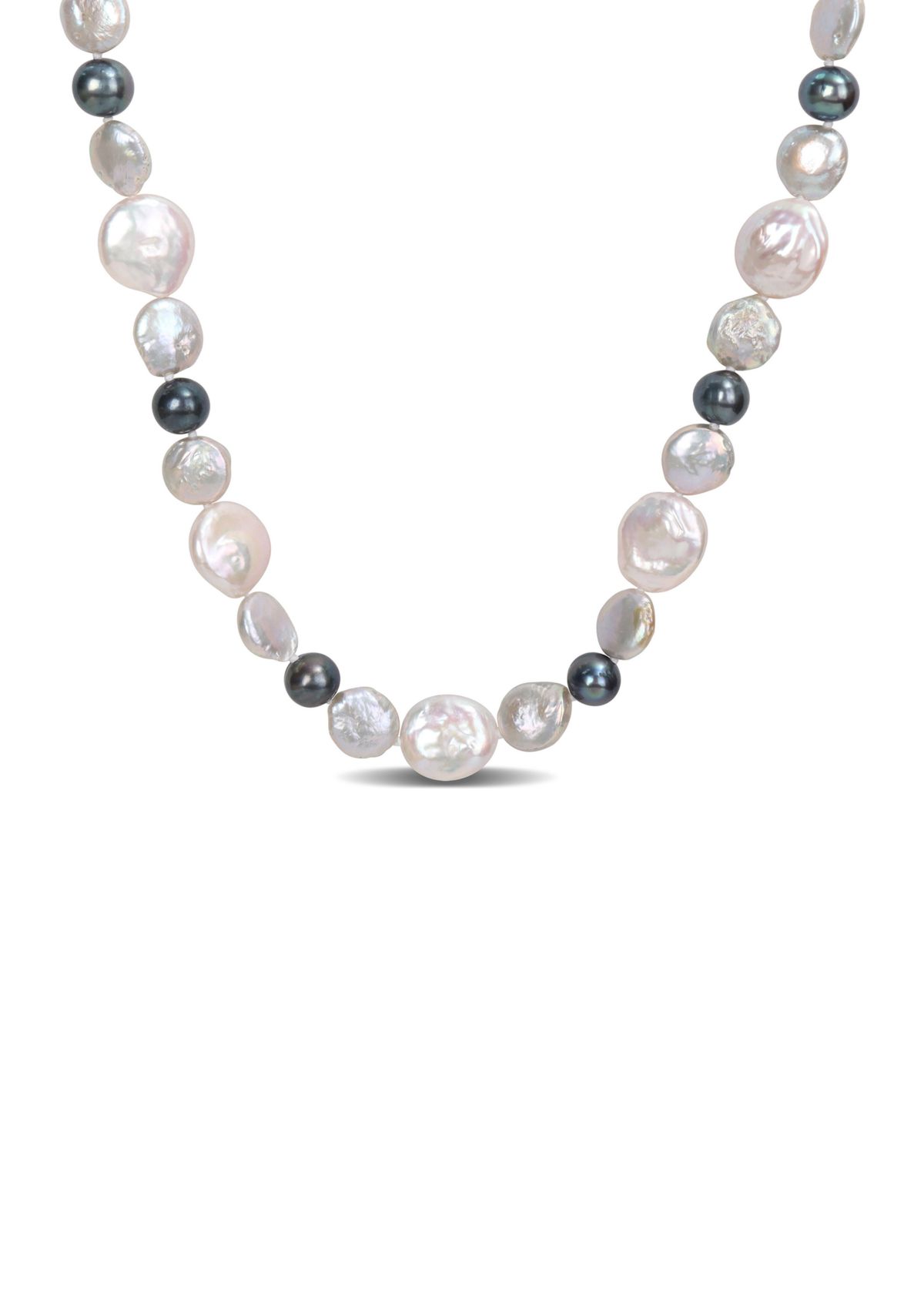 10-14MM White & Grey Freshwater Cultured Coin and 7-7.5MM Black Freshwater Cultured Pearl Necklace in Sterling Silver, 18 in