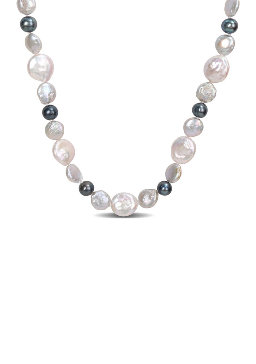 10-14MM White & Grey Freshwater Cultured Coin and 7-7.5MM Black Freshwater Cultured Pearl Necklace in Sterling Silver, 18 in
