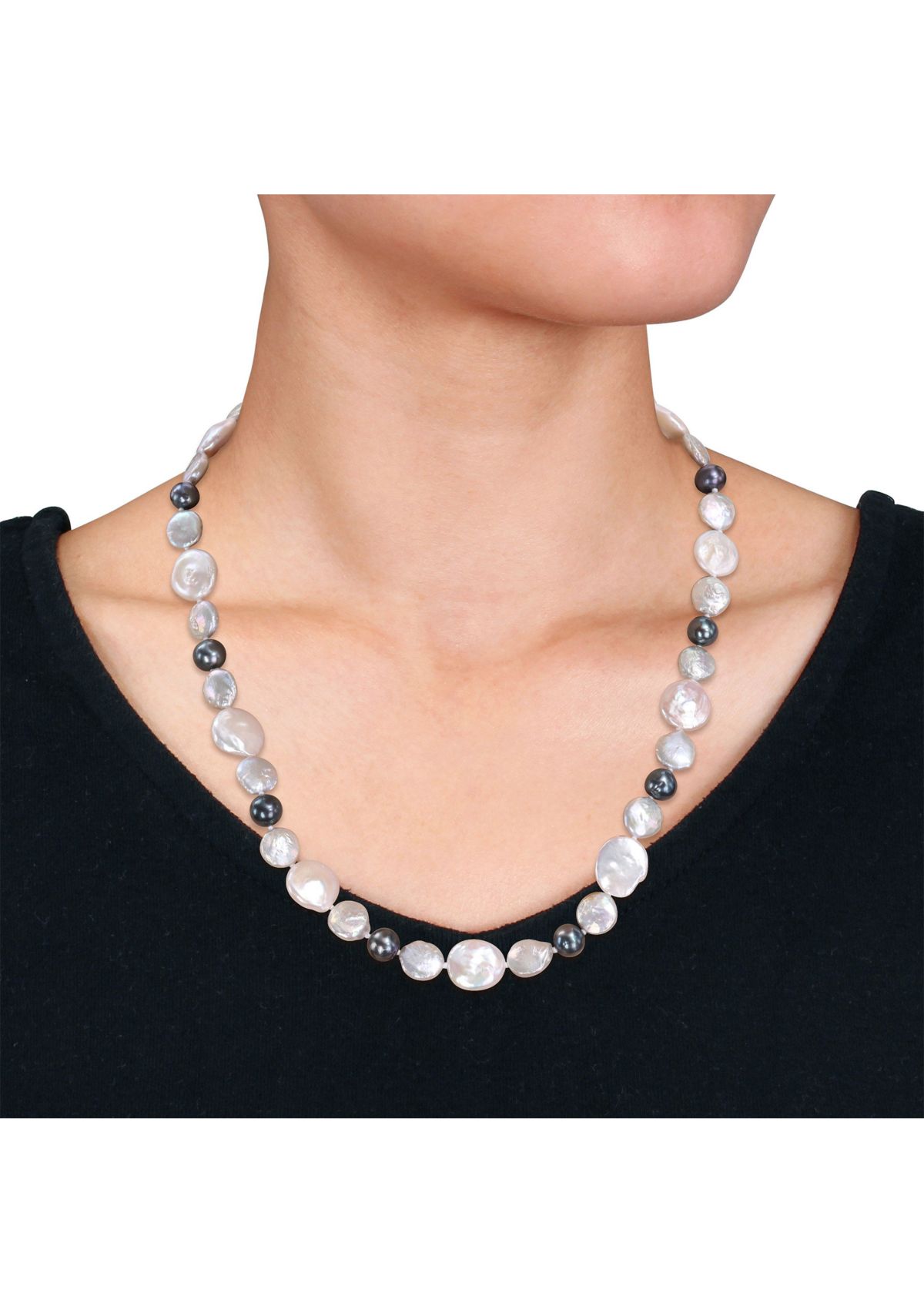 10-14MM White & Grey Freshwater Cultured Coin and 7-7.5MM Black Freshwater Cultured Pearl Necklace in Sterling Silver, 18 in