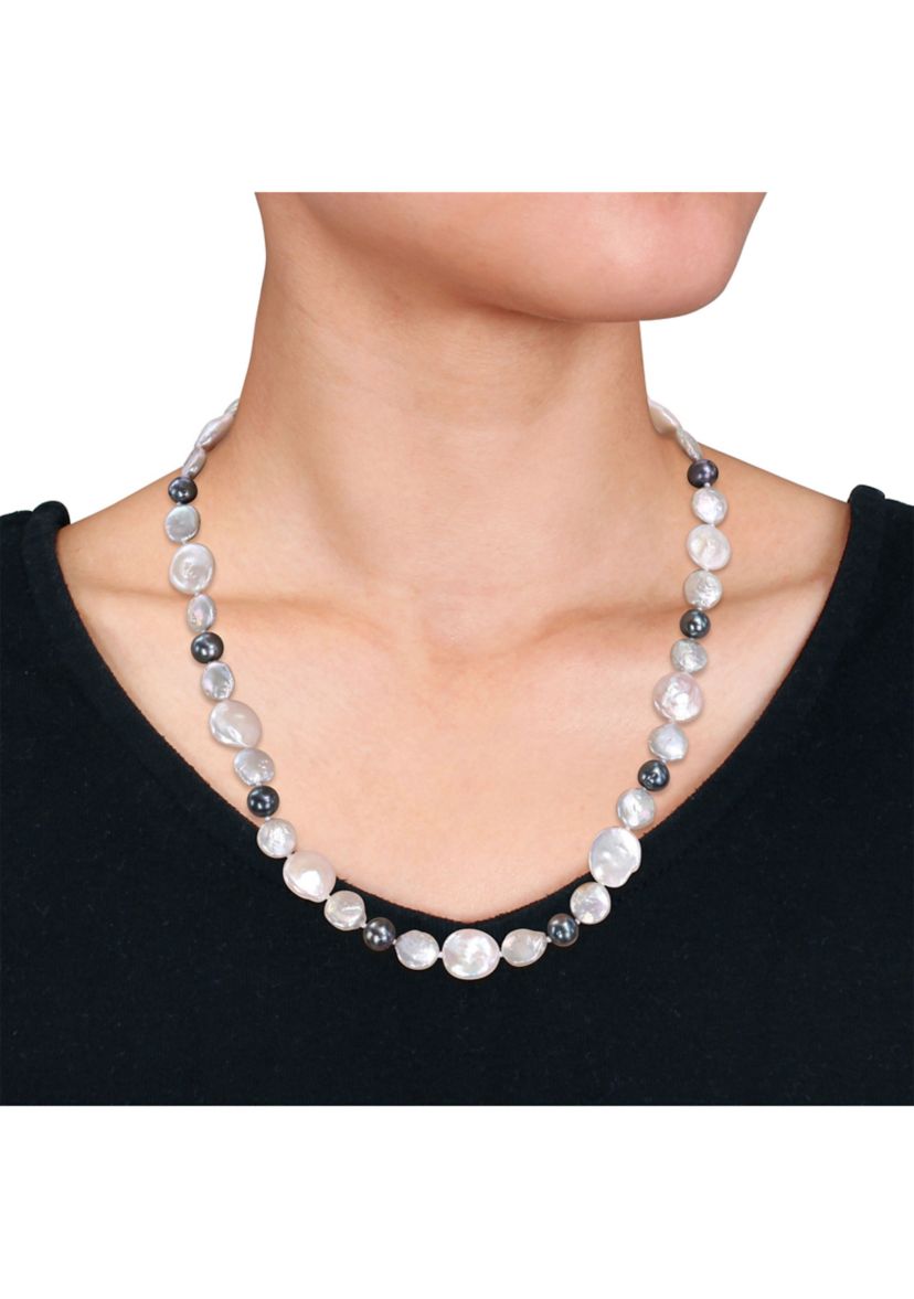 10-14MM White & Grey Freshwater Cultured Coin and 7-7.5MM Black Freshwater Cultured Pearl Necklace in Sterling Silver, 18 in