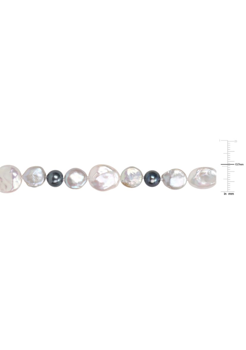 10-14MM White & Grey Freshwater Cultured Coin and 7-7.5MM Black Freshwater Cultured Pearl Necklace in Sterling Silver, 18 in