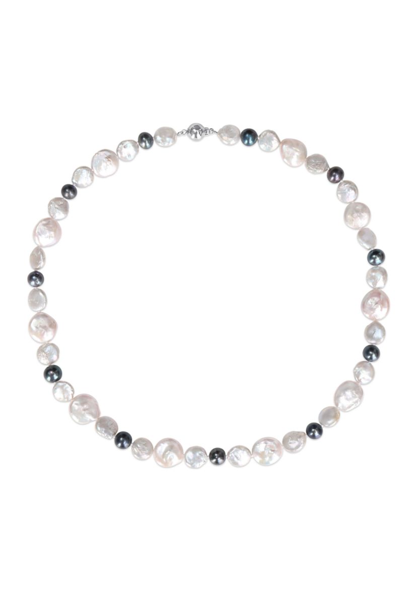 10-14MM White & Grey Freshwater Cultured Coin and 7-7.5MM Black Freshwater Cultured Pearl Necklace in Sterling Silver, 18 in