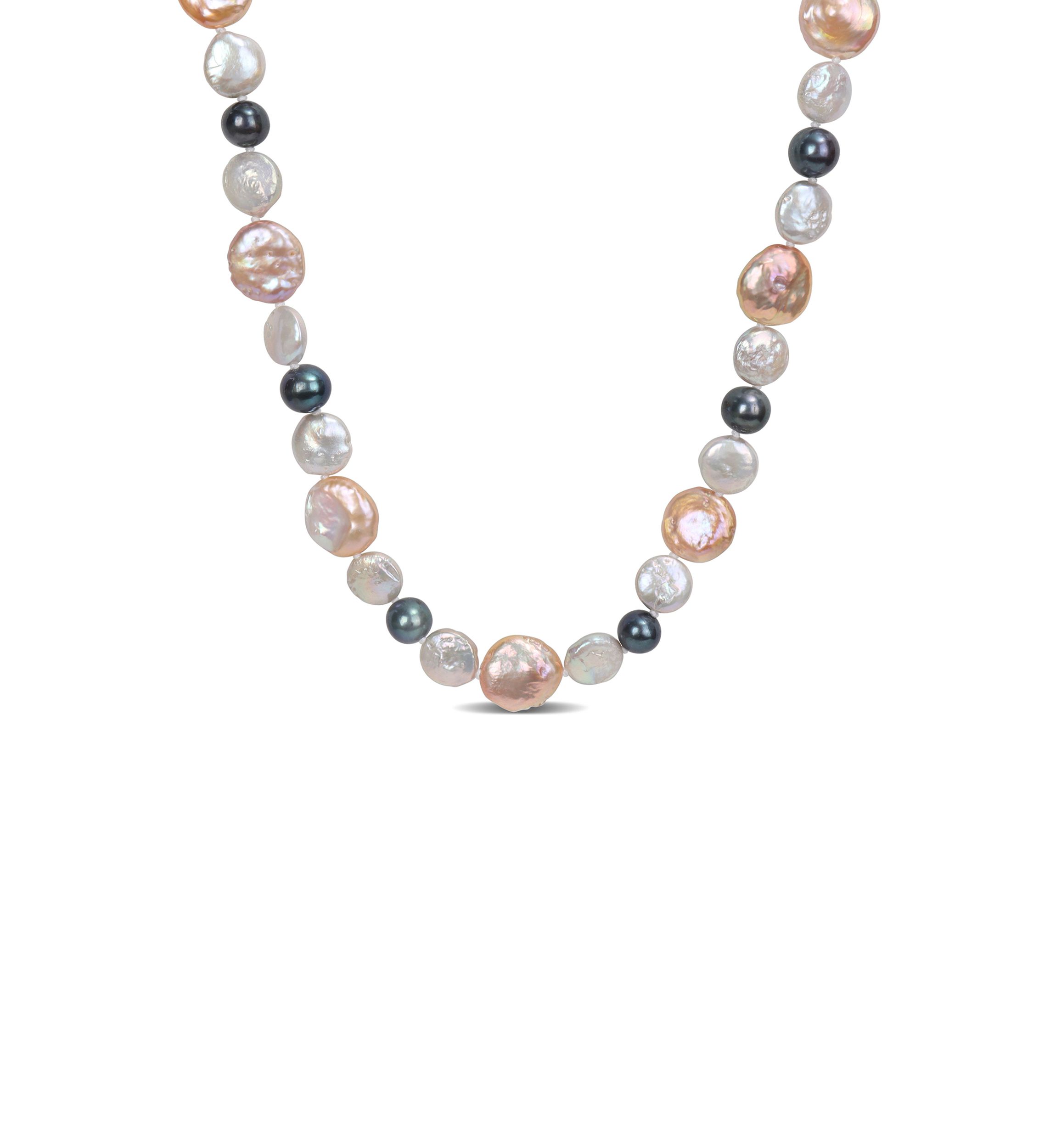 10-14MM Pink & Grey Freshwater Cultured Coin and 7-7.5MM Black Freshwater Cultured Pearl Necklace with Stertling Silver Clasp