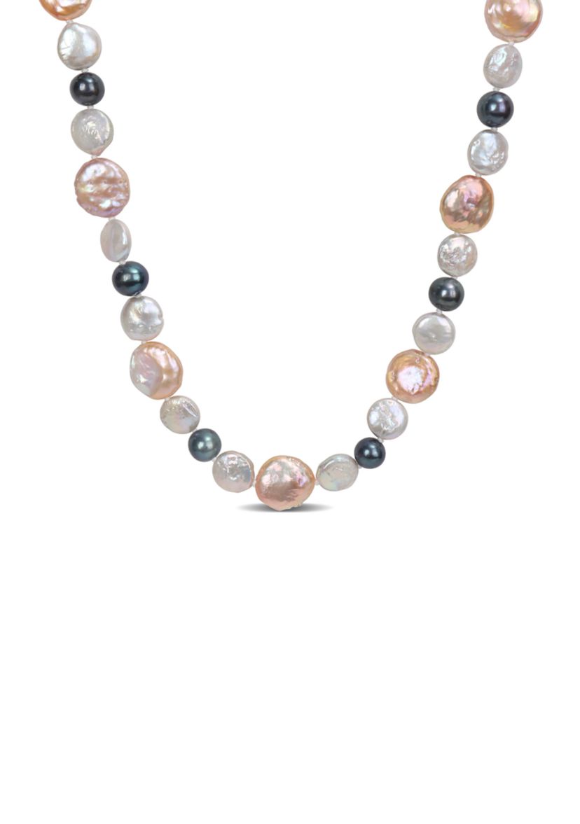 10-14MM Pink & Grey Freshwater Cultured Coin and 7-7.5MM Black Freshwater Cultured Pearl Necklace with Stertling Silver Clasp