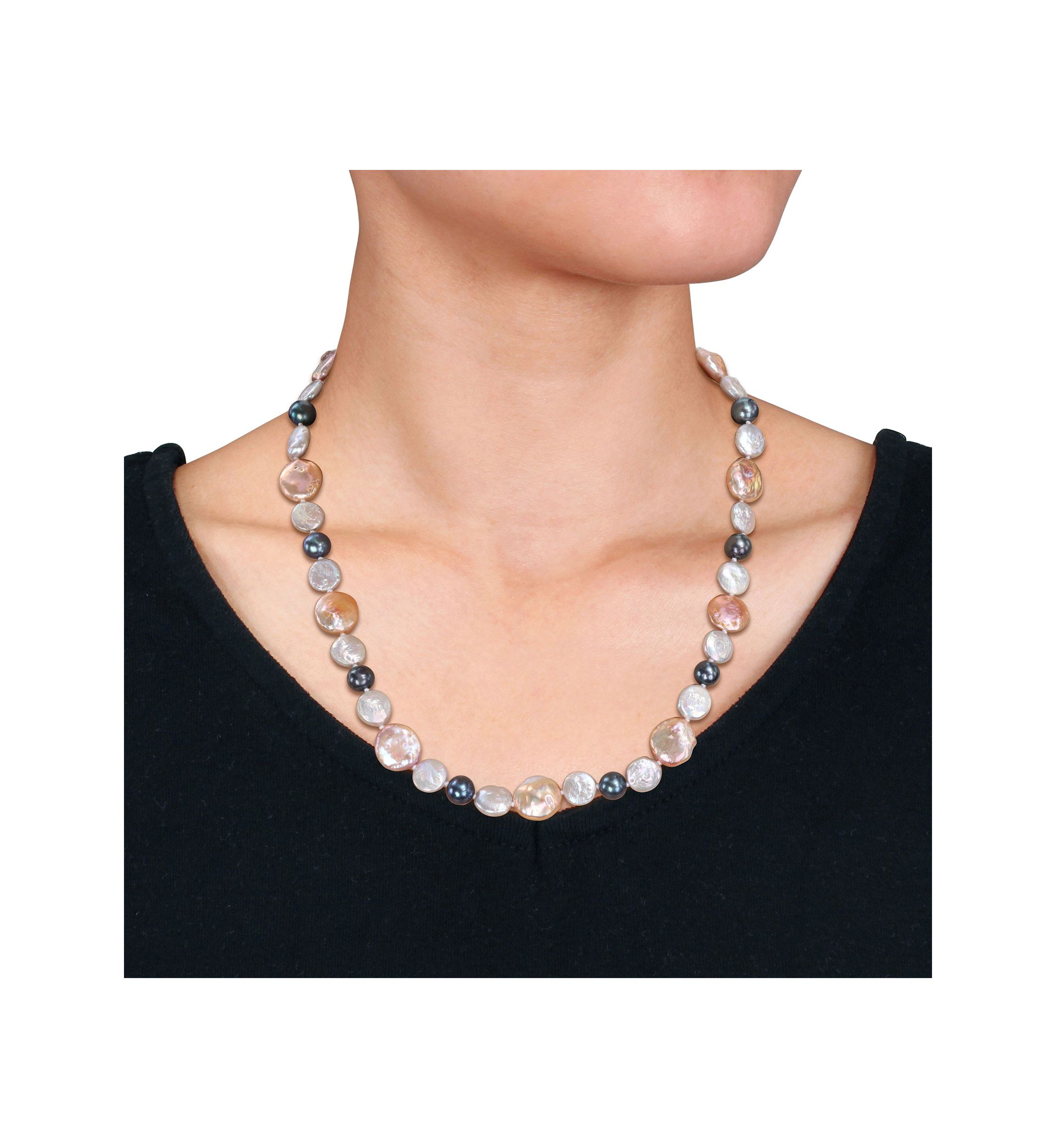 10-14MM Pink & Grey Freshwater Cultured Coin and 7-7.5MM Black Freshwater Cultured Pearl Necklace with Stertling Silver Clasp