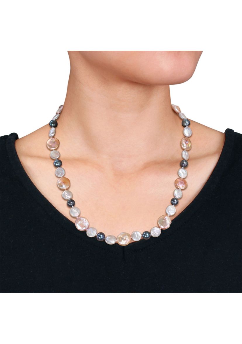 10-14MM Pink & Grey Freshwater Cultured Coin and 7-7.5MM Black Freshwater Cultured Pearl Necklace with Stertling Silver Clasp