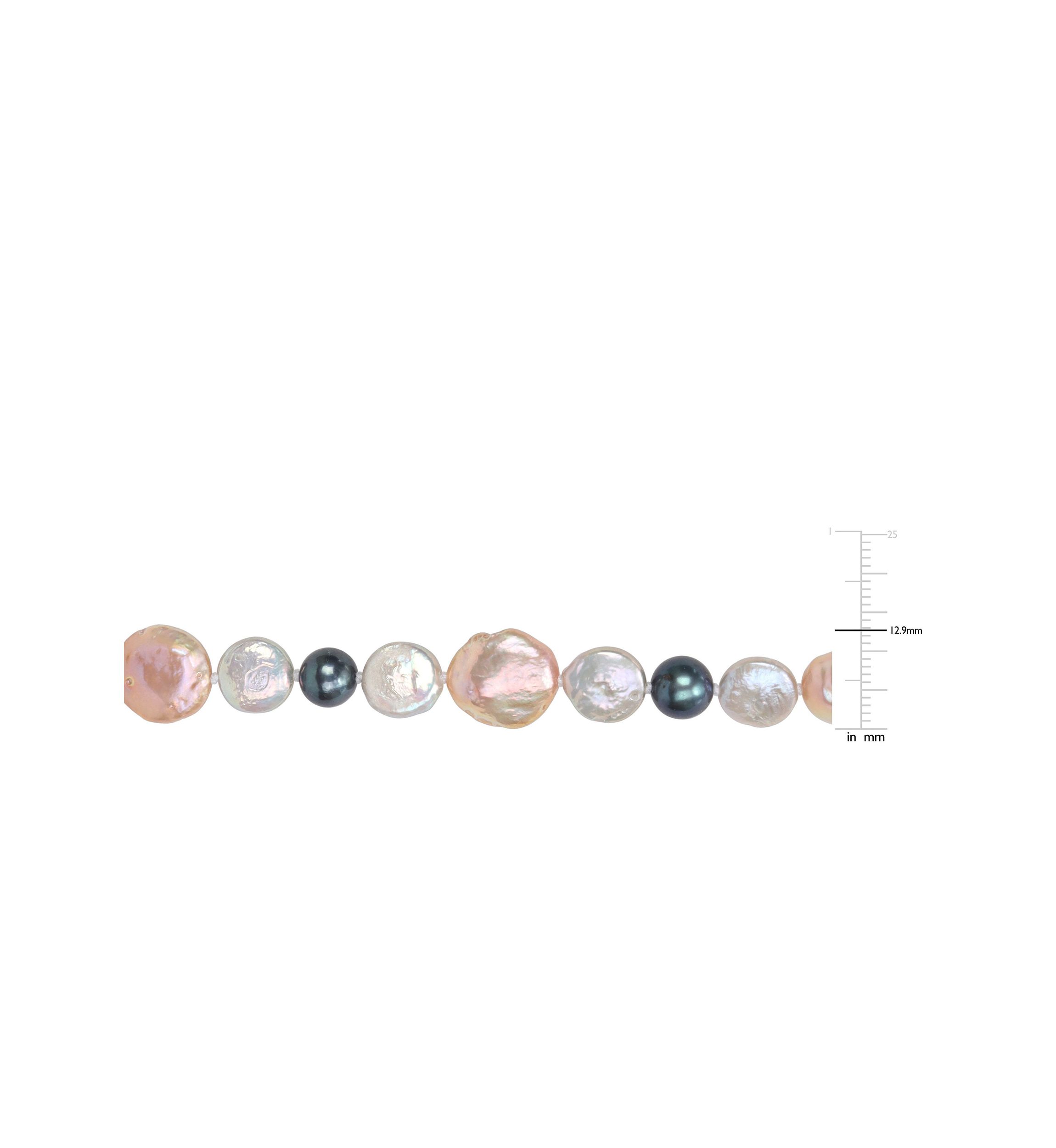 10-14MM Pink & Grey Freshwater Cultured Coin and 7-7.5MM Black Freshwater Cultured Pearl Necklace with Stertling Silver Clasp