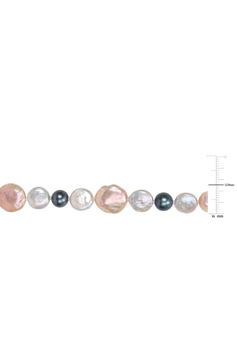10-14MM Pink & Grey Freshwater Cultured Coin and 7-7.5MM Black Freshwater Cultured Pearl Necklace with Stertling Silver Clasp