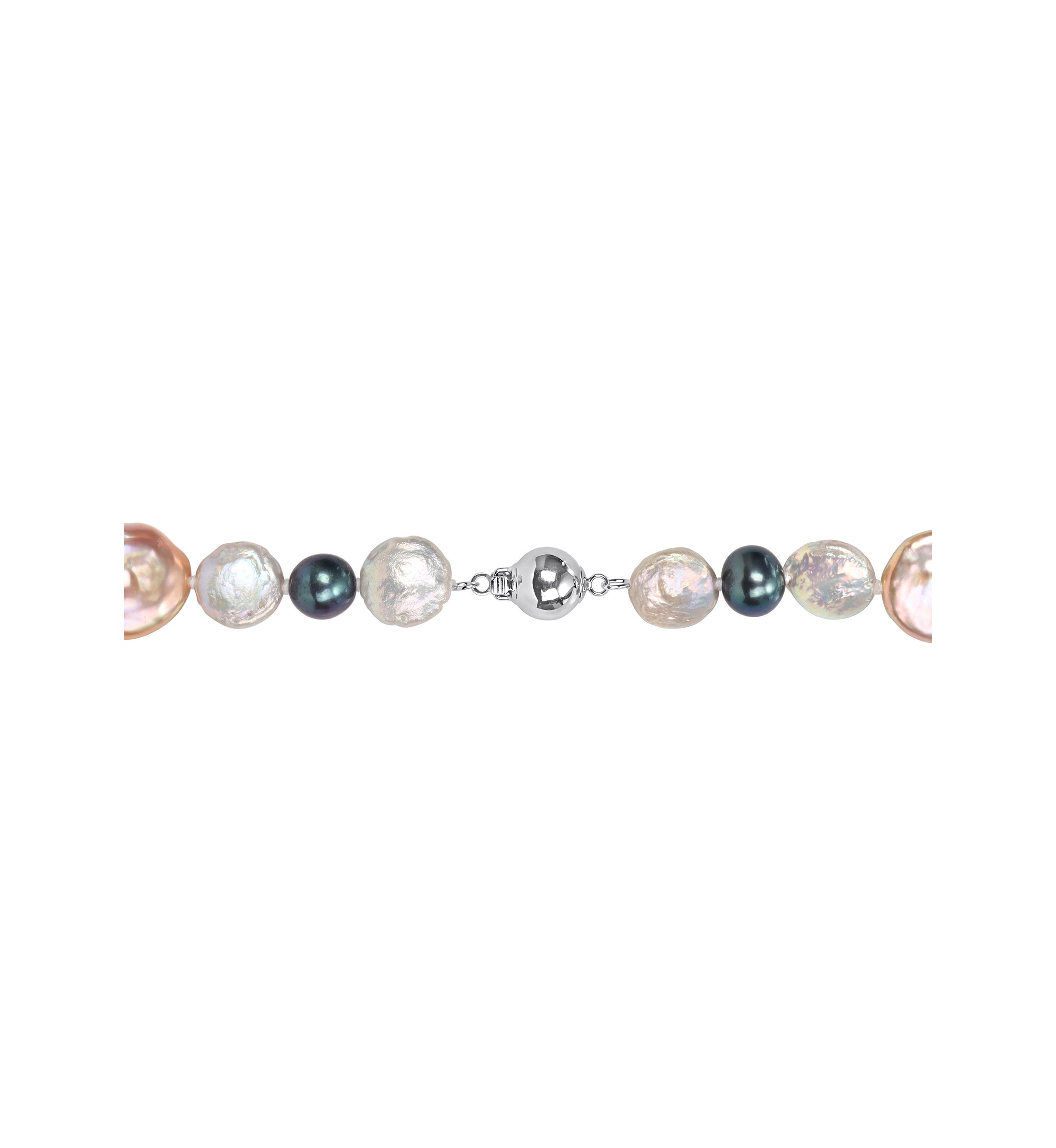 10-14MM Pink & Grey Freshwater Cultured Coin and 7-7.5MM Black Freshwater Cultured Pearl Necklace with Stertling Silver Clasp