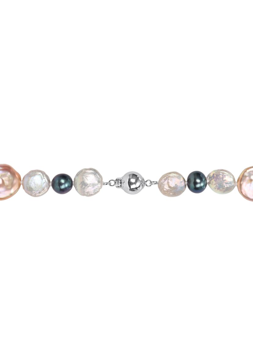 10-14MM Pink & Grey Freshwater Cultured Coin and 7-7.5MM Black Freshwater Cultured Pearl Necklace with Stertling Silver Clasp