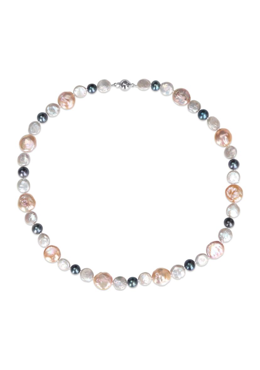 10-14MM Pink & Grey Freshwater Cultured Coin and 7-7.5MM Black Freshwater Cultured Pearl Necklace with Stertling Silver Clasp