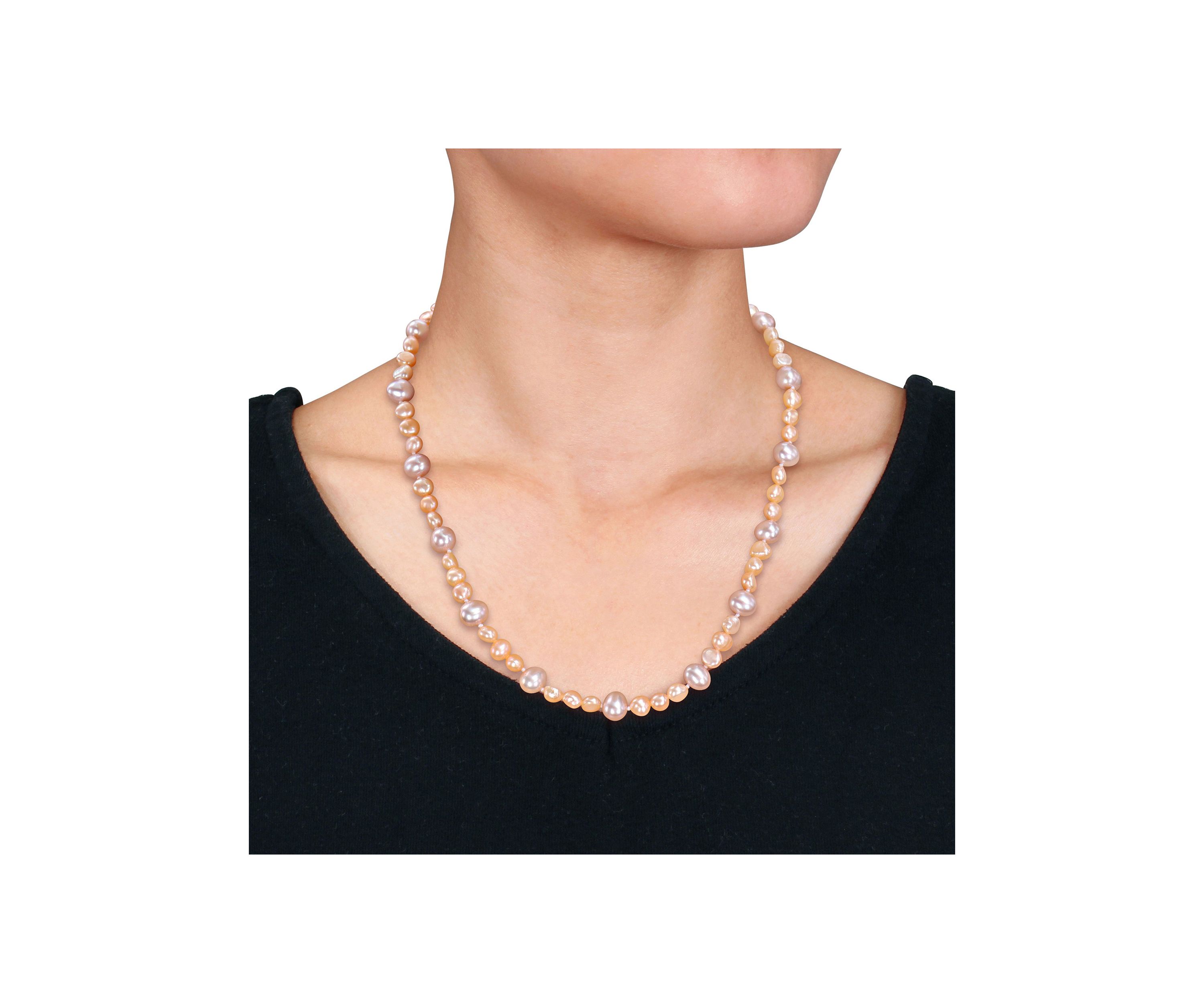 7.5-8MM Purple Freshwater Cultured Pearl and 5-5.5MM Pink Freshwater Cultured Pearl Necklace in Sterling Silver, 18 in