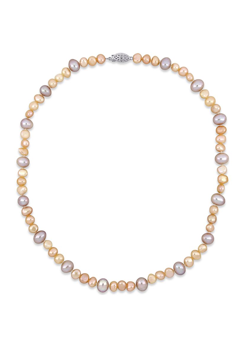 7.5-8MM Purple Freshwater Cultured Pearl and 5-5.5MM Pink Freshwater Cultured Pearl Necklace in Sterling Silver, 18 in
