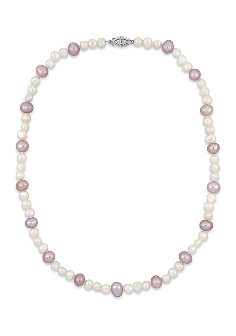 7.5-8MM Purple Freshwater Cultured Pearl and 5-5.5MM White Freshwater Cultured Pearl Necklace in Sterling Silver, 18 in