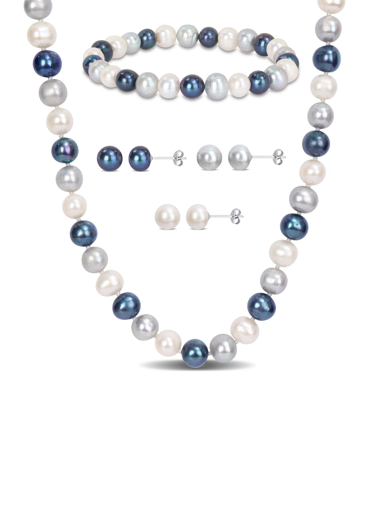 7.5-8MM Multi-Color Freshwater Cultured Pearl 5-Piece Set of Necklace Earrings & Bracelet in Sterling Silver